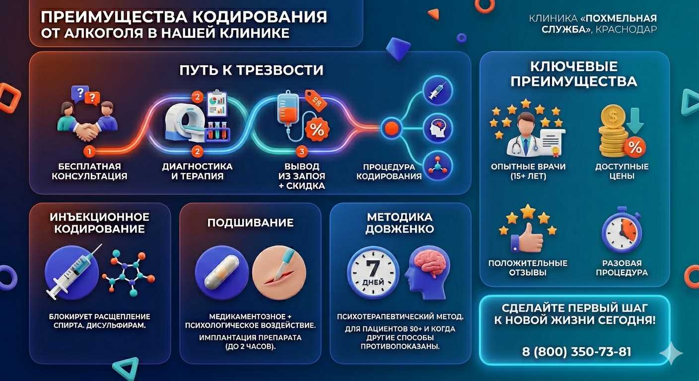 Инфографика о методах кодирования от алкоголя в Белореченском: инъекции, подшивание, метод Довженко. Преимущества клиники и этапы лечения.