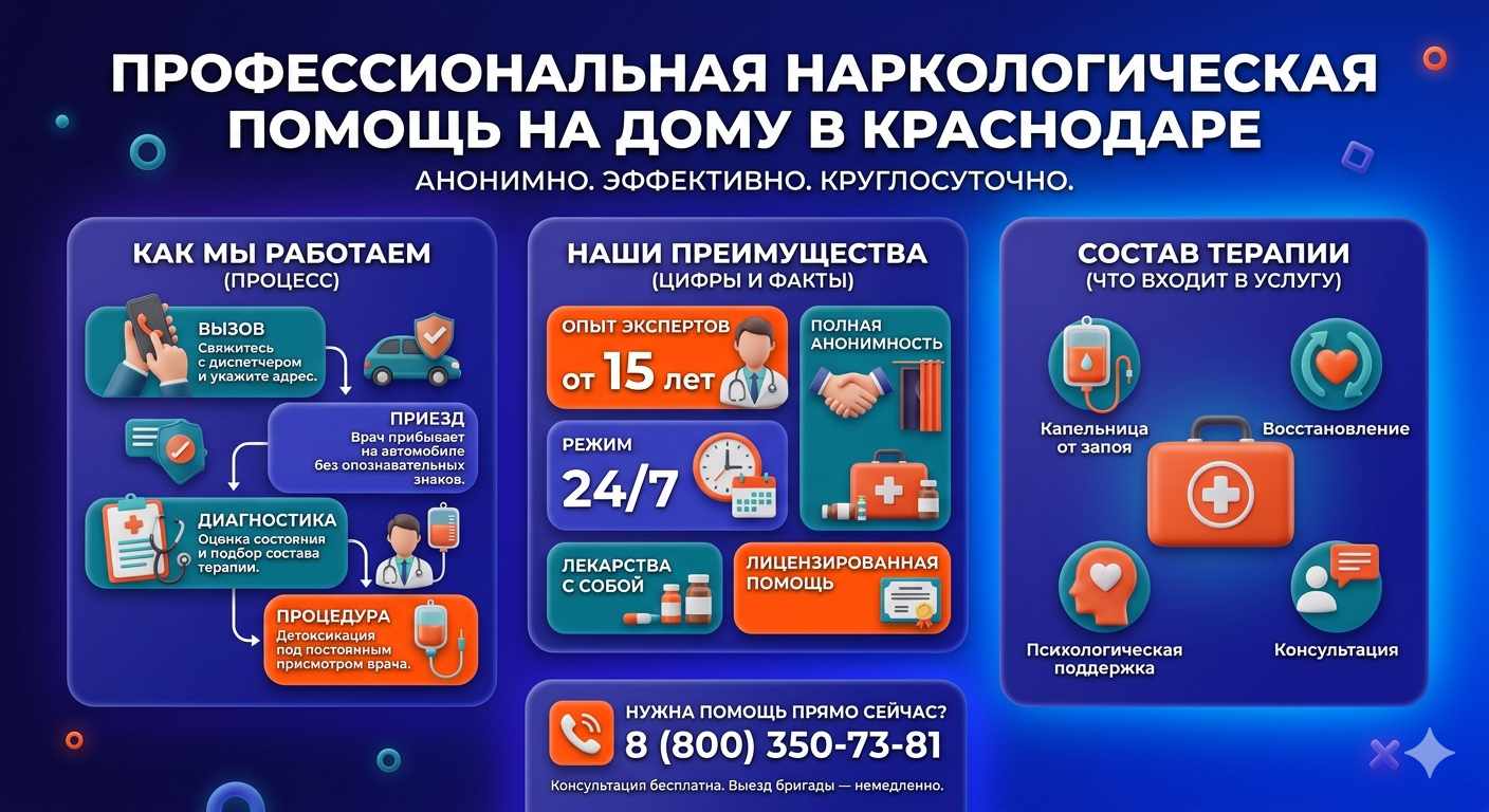 Инфографика о принципах лечения алкоголизма на дому в Белореченском: этапы вызова нарколога, преимущества анонимной детоксикации и состав медицинской помощи.